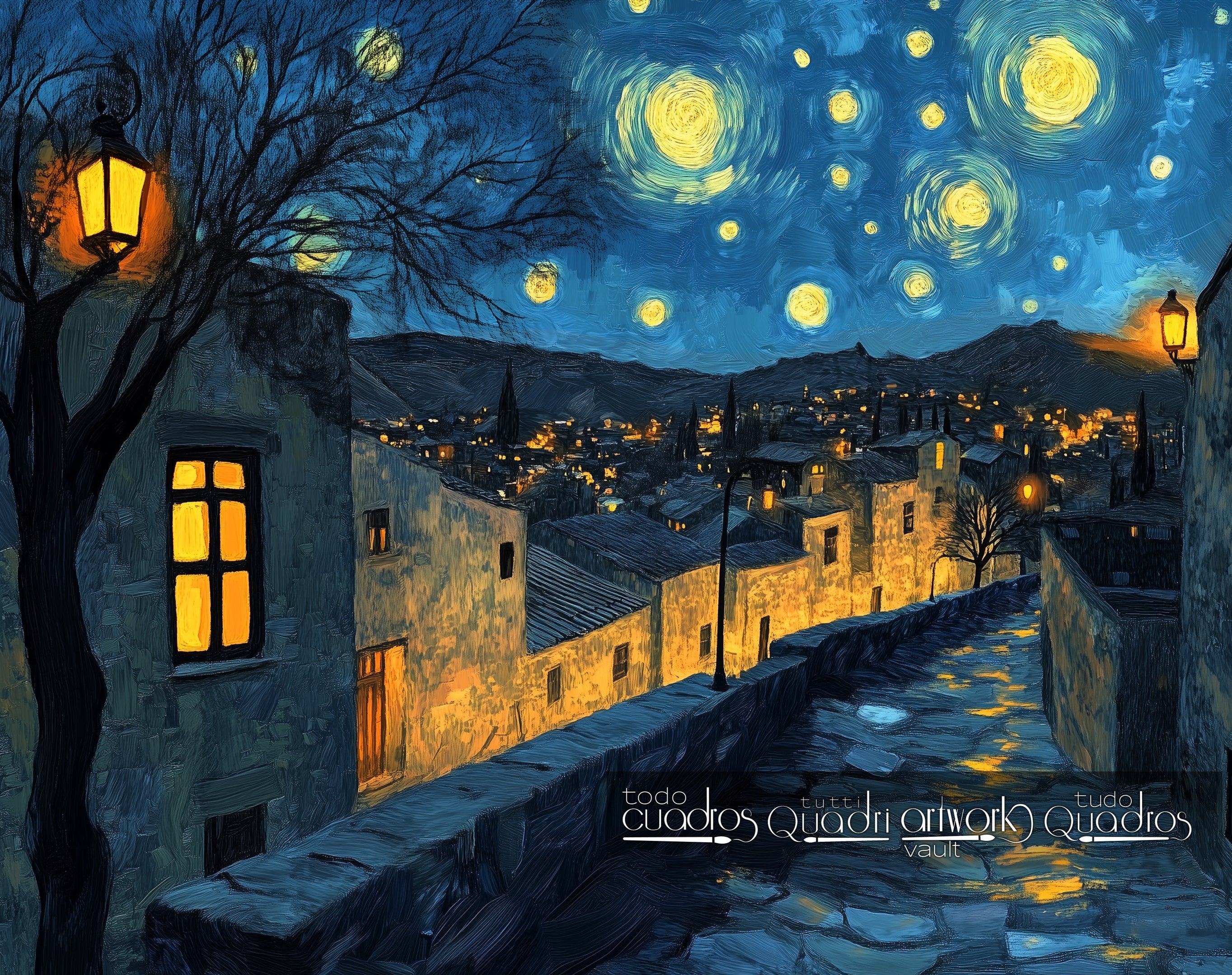 Calles de luz y estrellas, estilo Van Gogh moderno