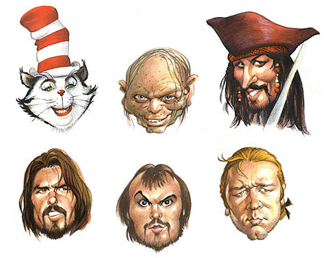 Seis personajes dibujados por Drucker.
